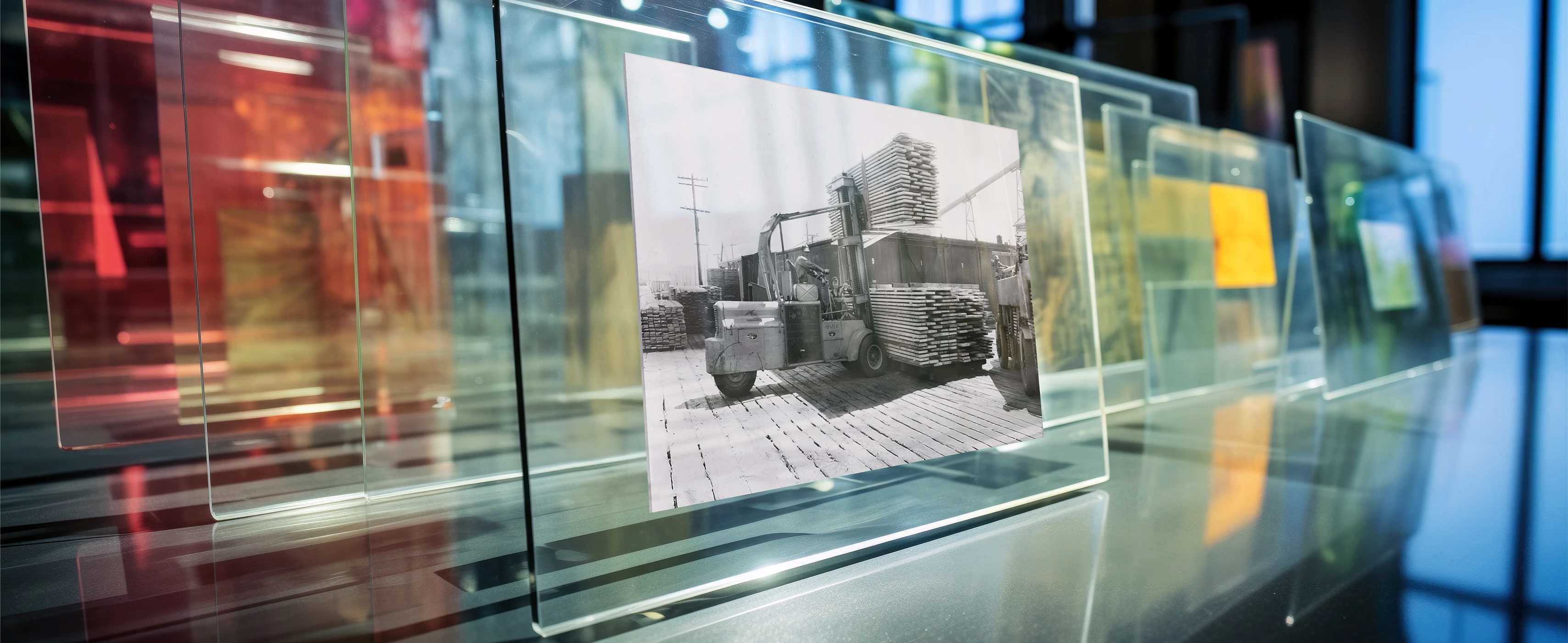 Photograph of 1930’s jumbo Hyster lift truck, sandwiched within glass frame, displayed in gallery.