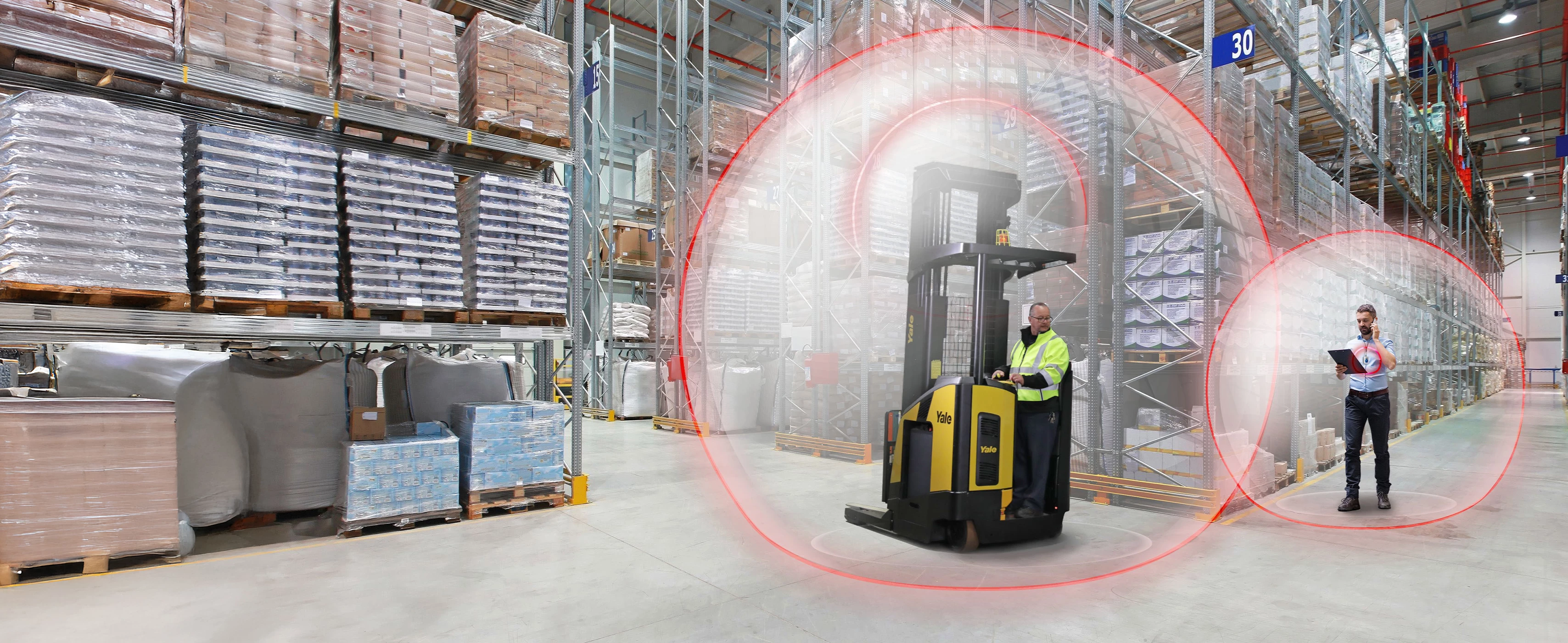 Reach truck with operator assist system slowing as nears pedestrian