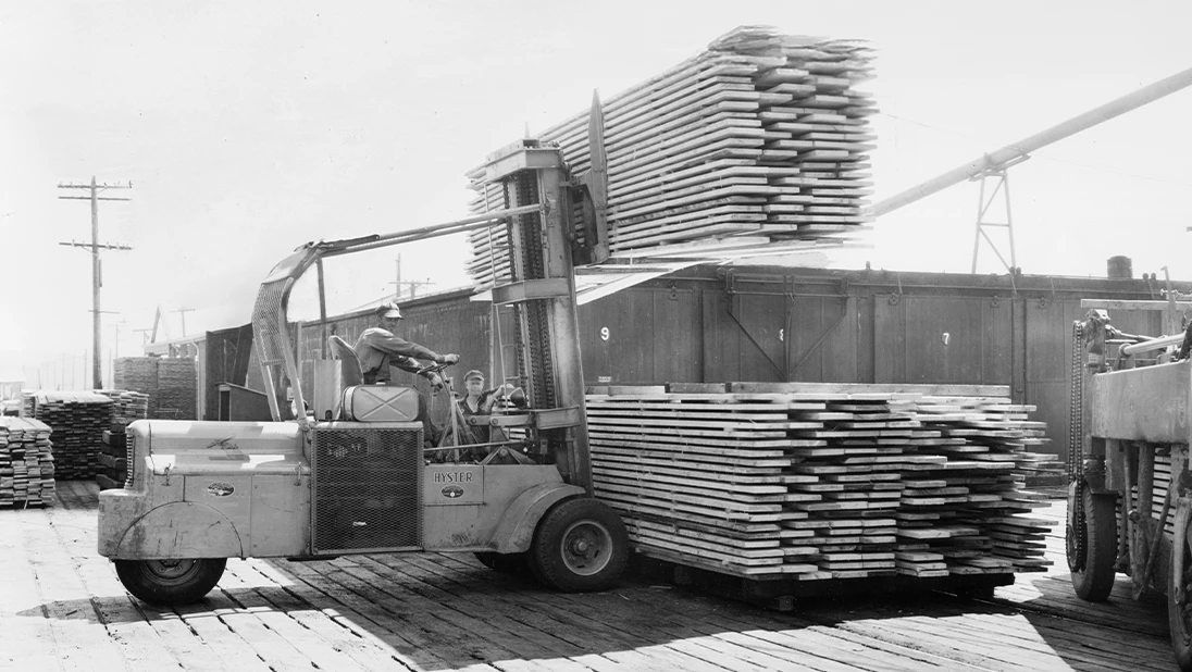 1930’s jumbo Hyster lift truck with pneumatic tires and a telescoping mast.