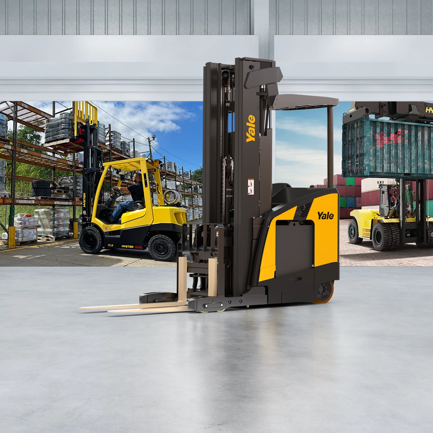 Application image of various Hyster and Yale lift trucks.