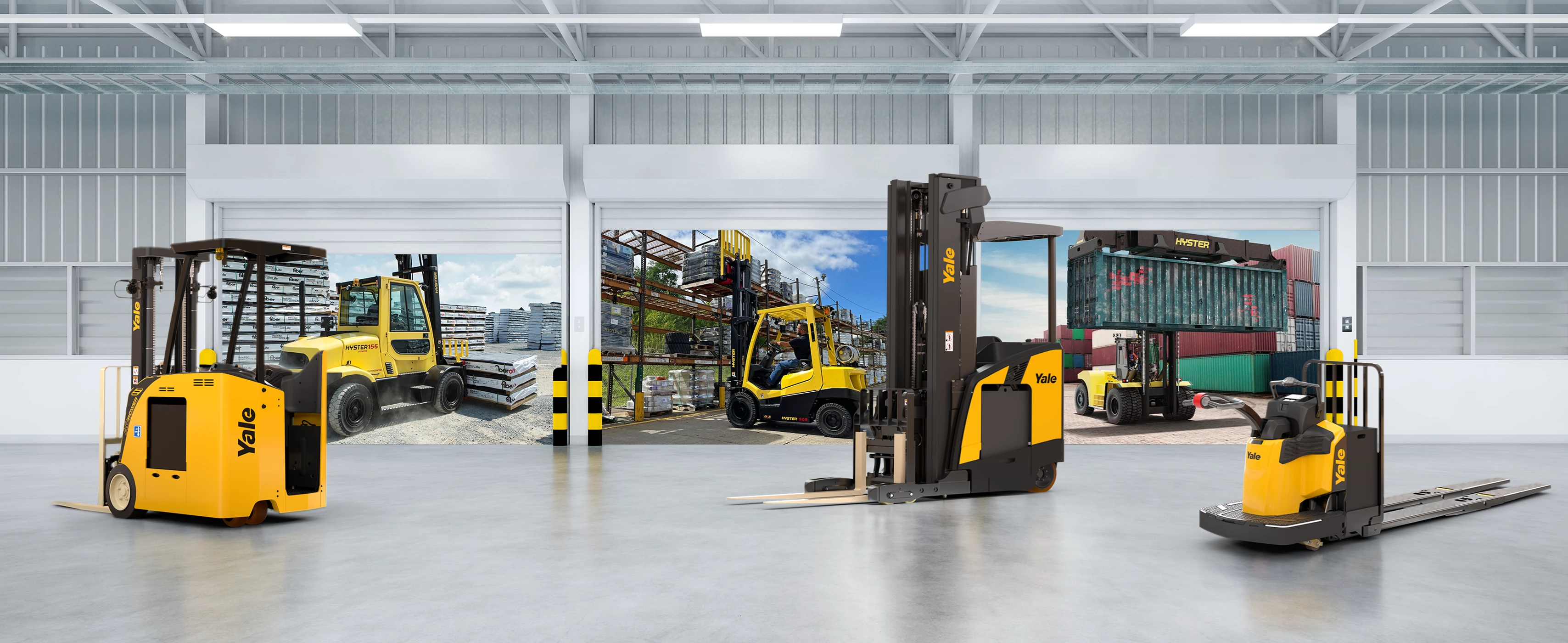 Application image of various Hyster and Yale lift trucks.